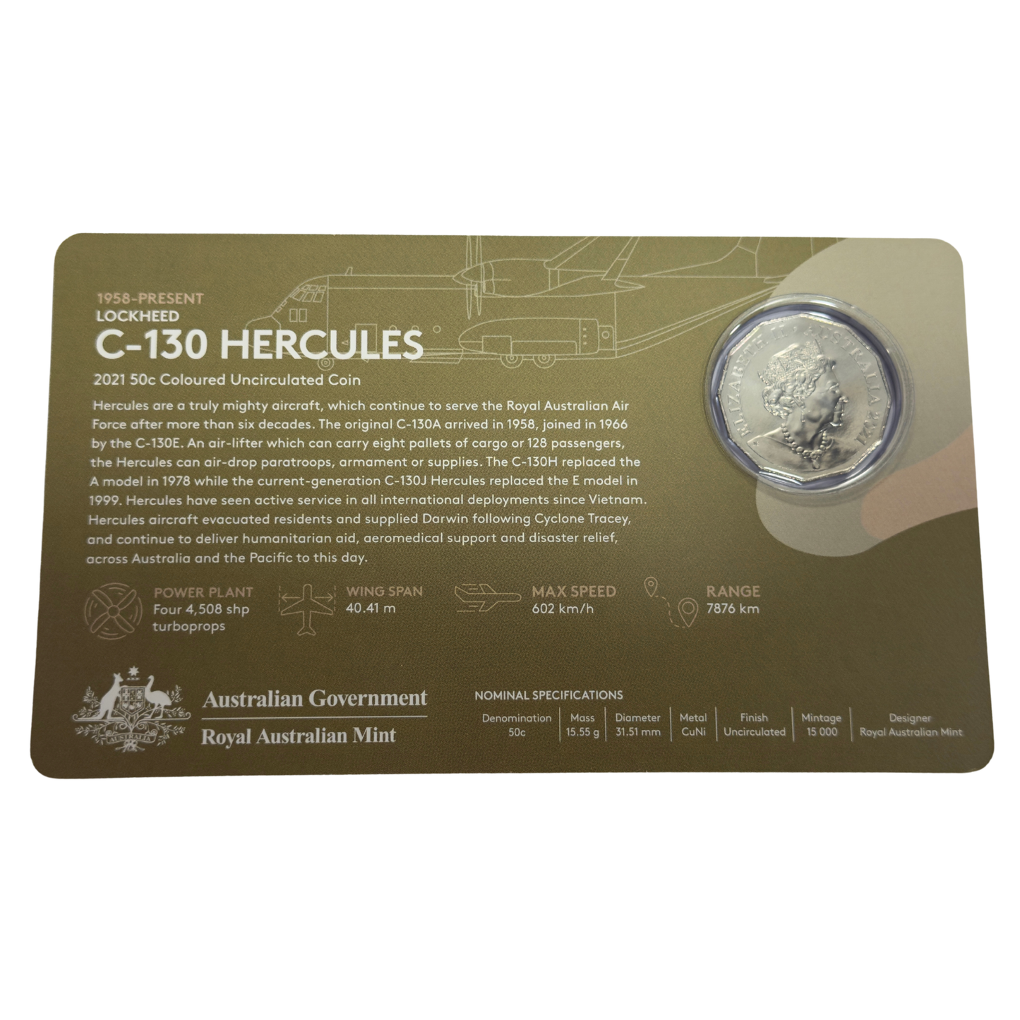 2021 50 Cent Coloured Coin - LOCKHEED  C-130 HERCULES  - Uncirculated