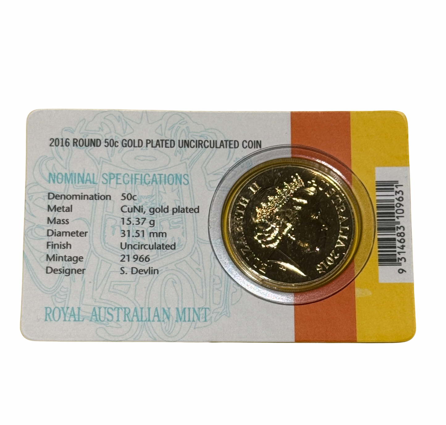 2016 Round 50 Cent Gold Plated - 50th Anniversary of Decimal Currency - Open Day Card - New Age Numismatics
