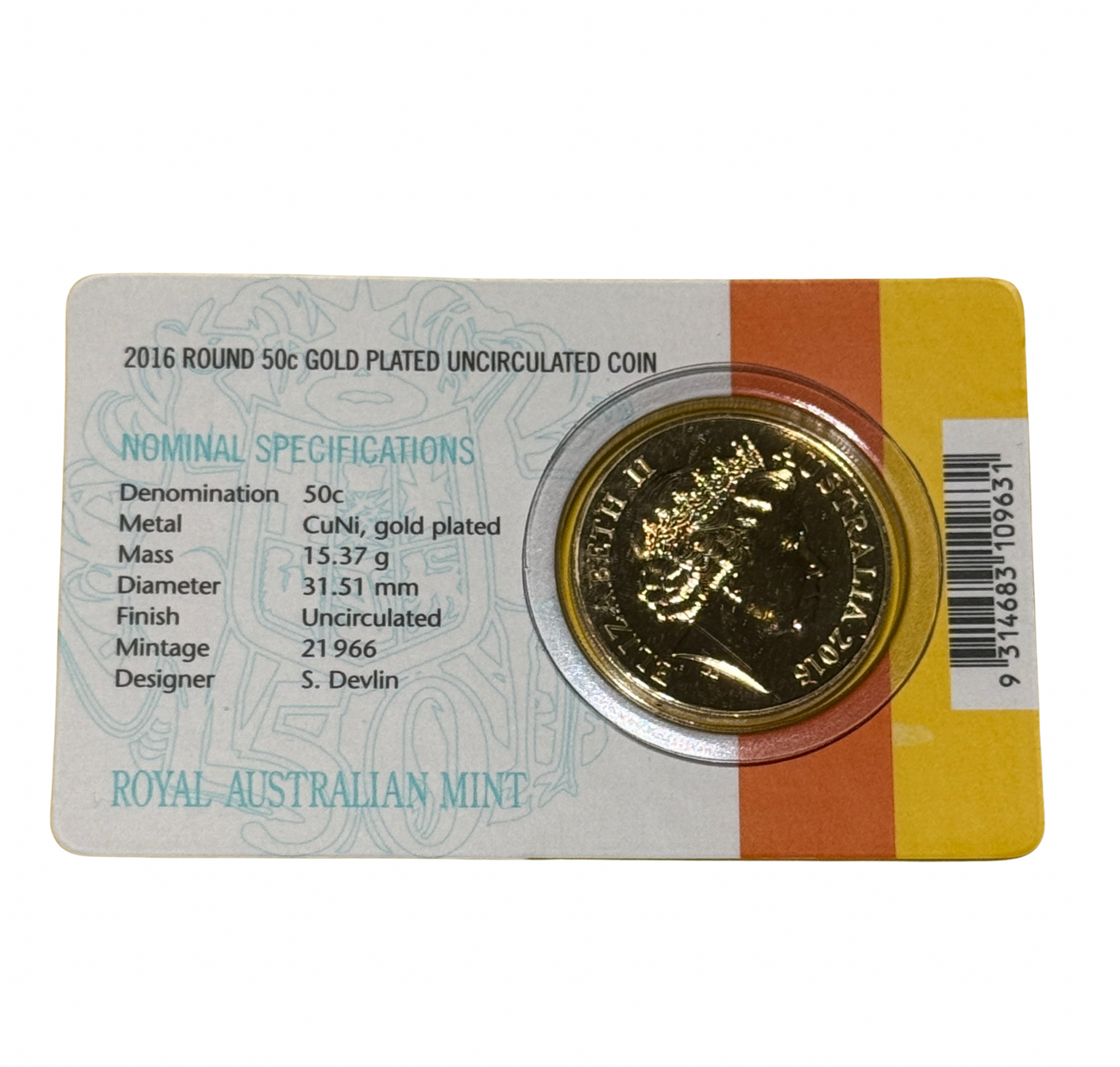 2016 Round 50 Cent Gold Plated - 50th Anniversary of Decimal Currency - Open Day Card - New Age Numismatics