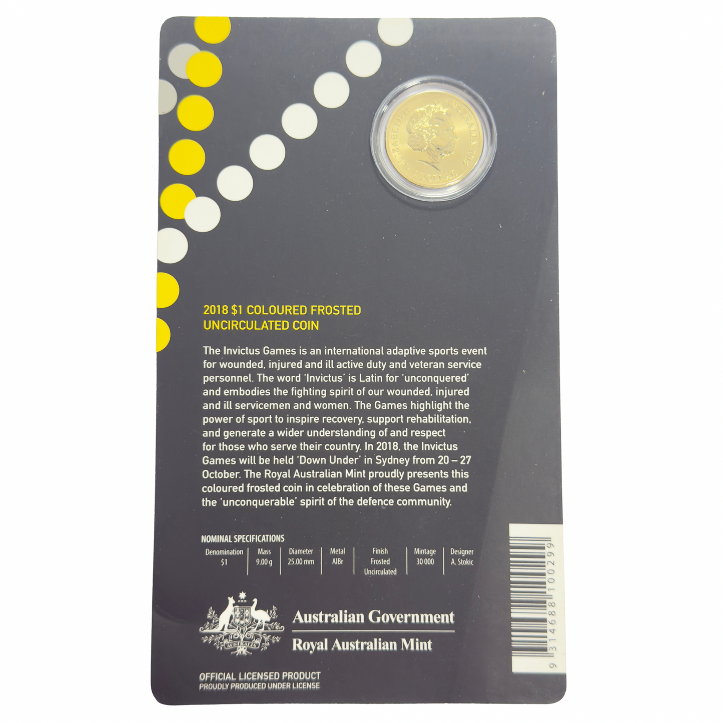 2018 $1 Coloured Frosted Coin on Card - Uncirculated - Invictus Games Sydney