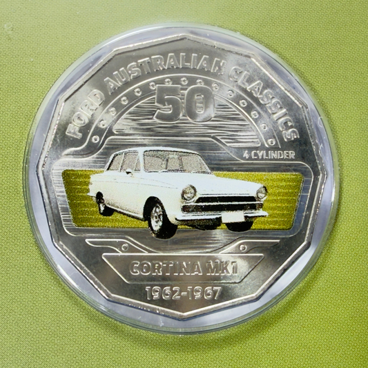 2017 50 Cent Coloured Coin - FORD CORTINA MK1 - Uncirculated on card