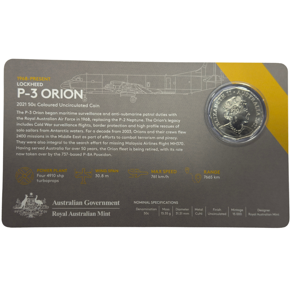 2021 50 Cent Coloured Coin - LOCKHEED P-3 ORION - Uncirculated 50c