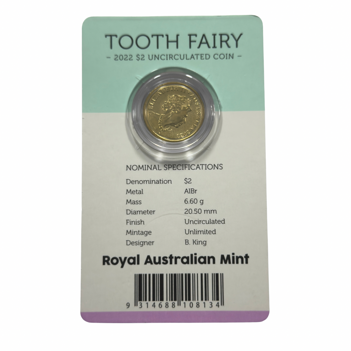 2022 $2 Tooth Fairy Coin On Card - Uncirculated - Two Dollar