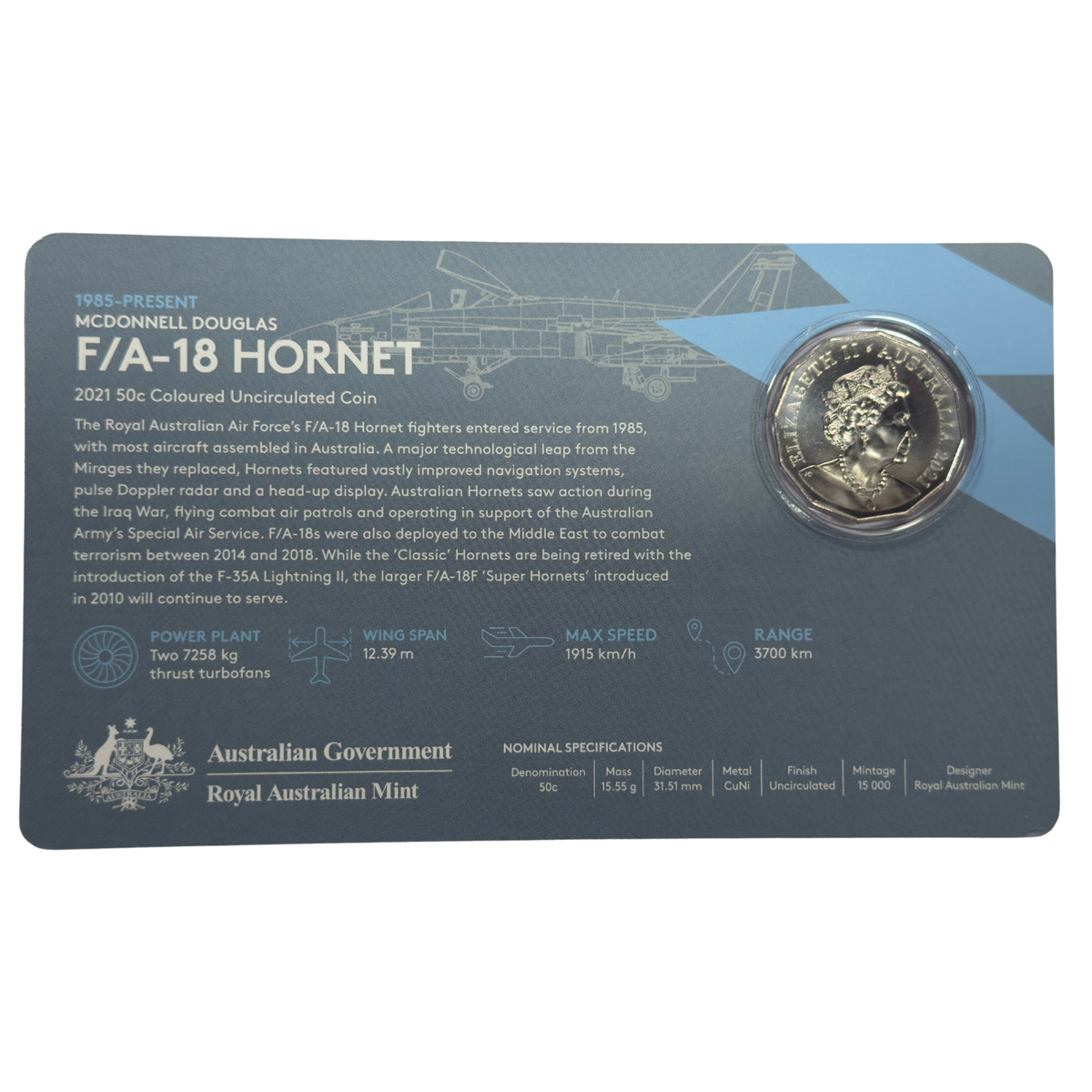 2021 50 Cent Coloured Coin - F/A 18 HOIRNET - Uncirculated Fifty Cent 50c