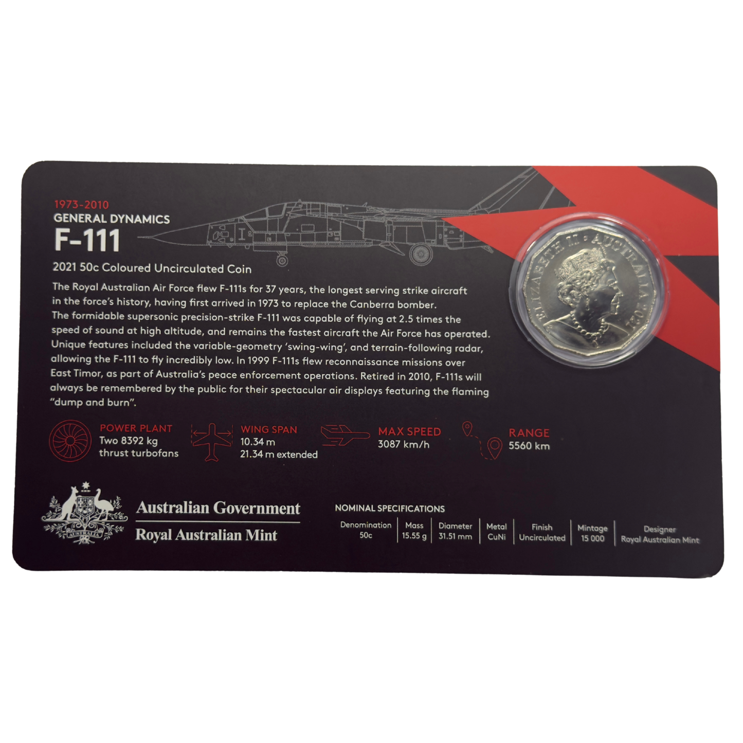 2021 50 Cent Coloured Coin - F-111  (1973-2010) - Uncirculated Fifty Cent 50c