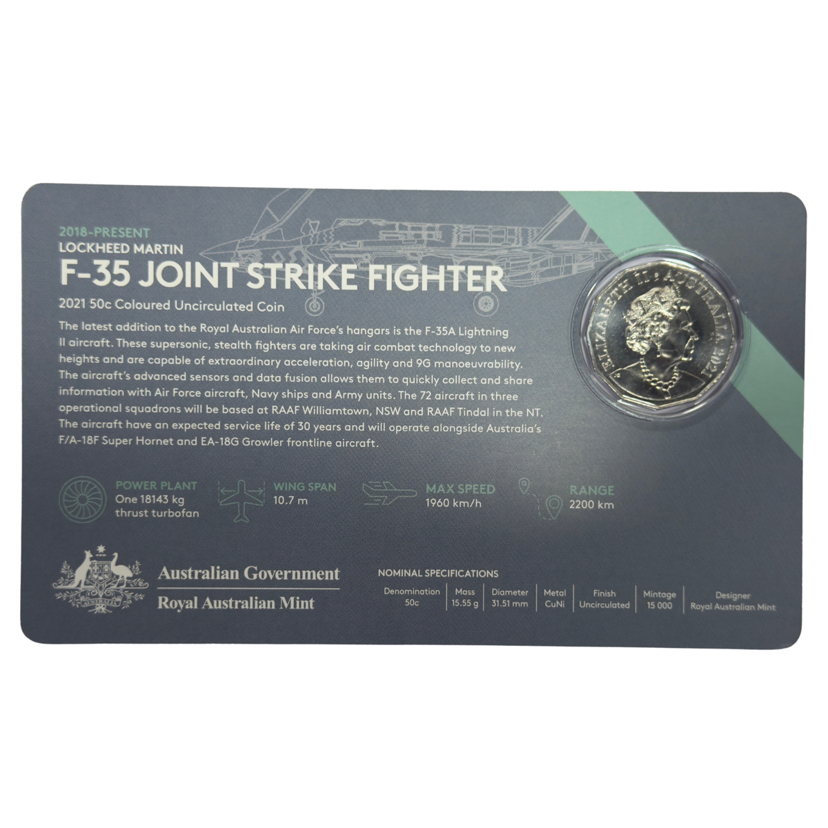 2021 50 Cent Coloured Coin - F-35 Joint Strike Fighter - Uncirculated