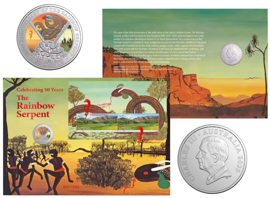 2025 Impressions Rainbow Serpent 50th Anniversary postal numismatic cover featuring coloured 20 cent coin with Indigenous artwork, numbered 165/500
