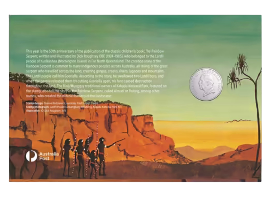Reverse side of 2025 Rainbow Serpent PNC with historical details about the 50th anniversary of the iconic design
