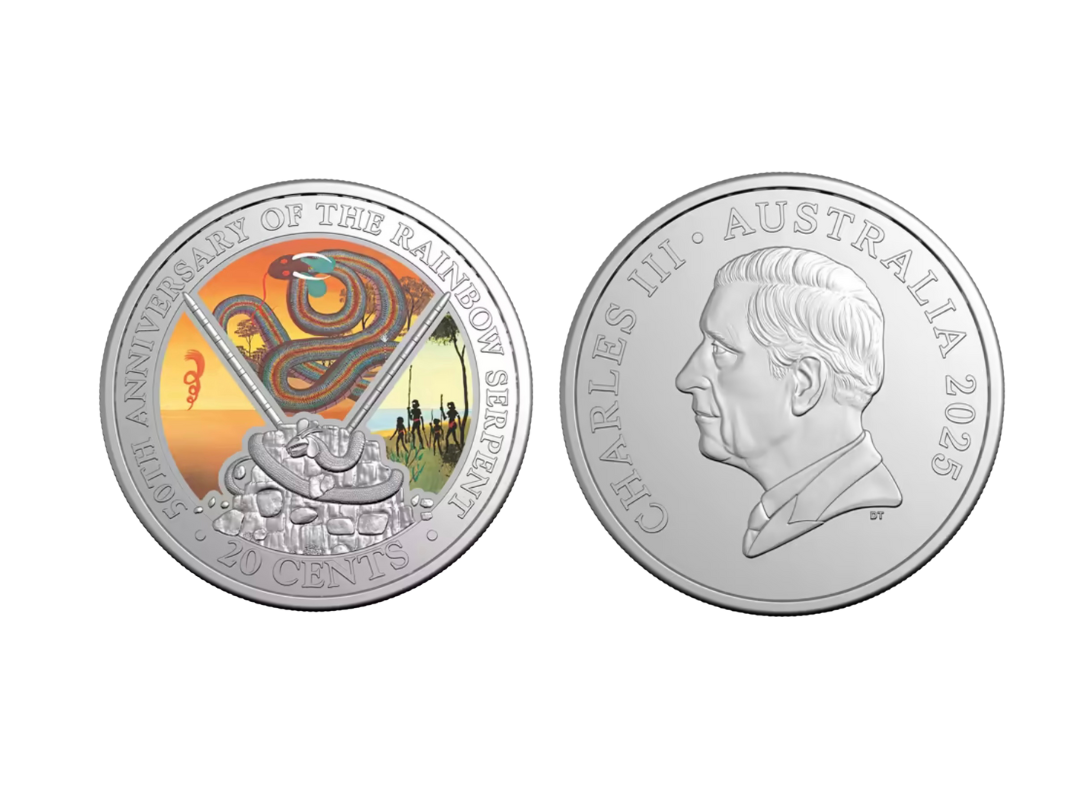 Close-up of 2025 coloured 20 cent Rainbow Serpent coin showing vibrant Indigenous artwork and King Charles III obverse
