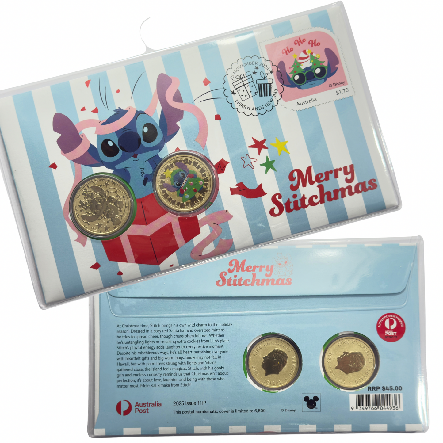 2025 2x $1 PNC - Merry Stitchmas - Coloured $1 Tuvalu STITCH - ONLY 6000