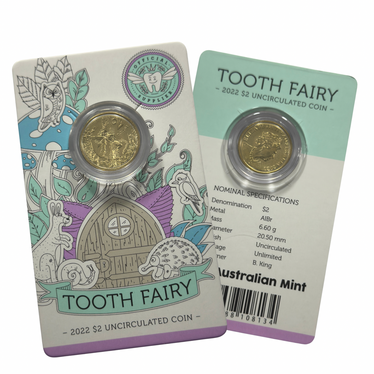 2022 $2 Tooth Fairy Coin On Card - Uncirculated - Two Dollar