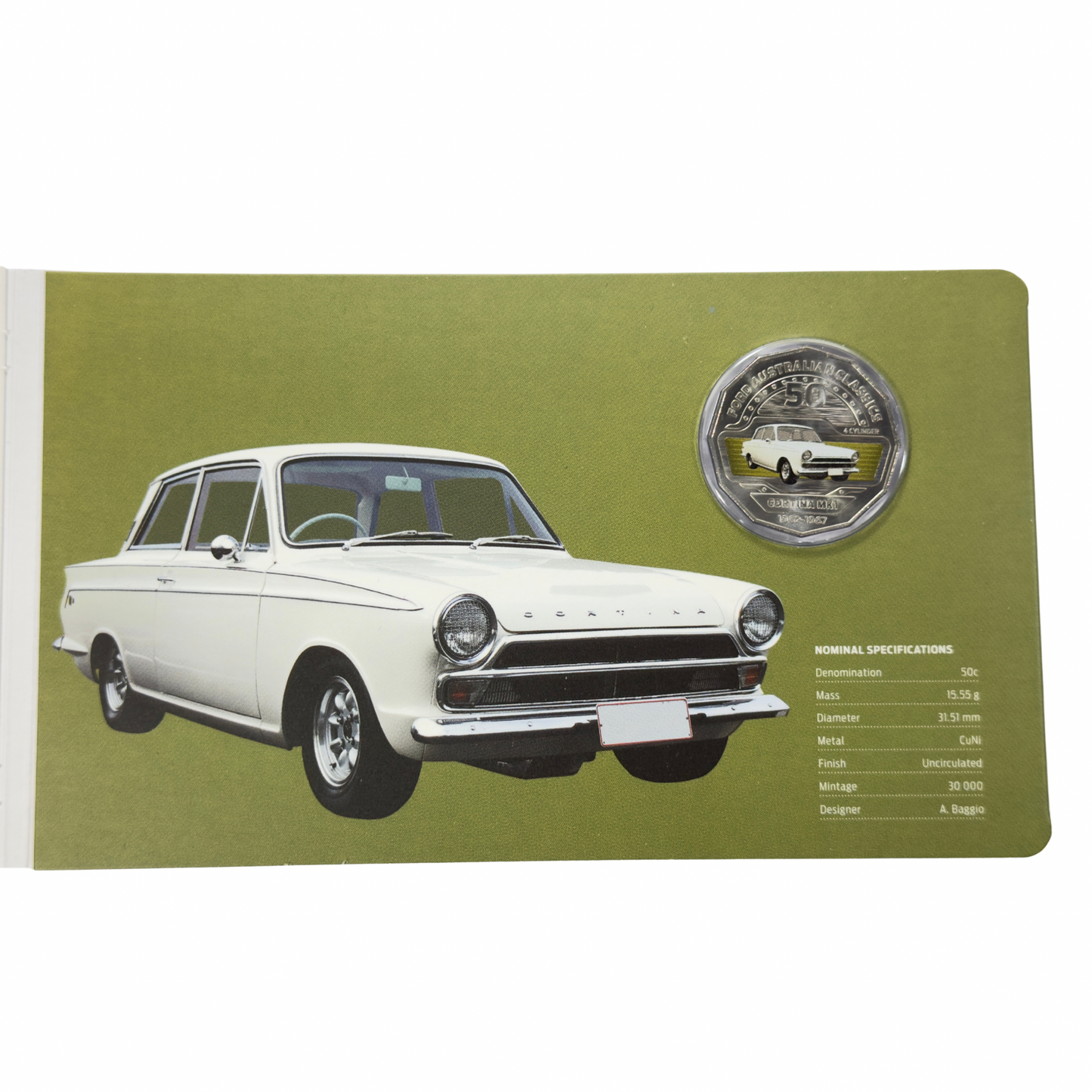 2017 50 Cent Coloured Coin - FORD CORTINA MK1 - Uncirculated on card