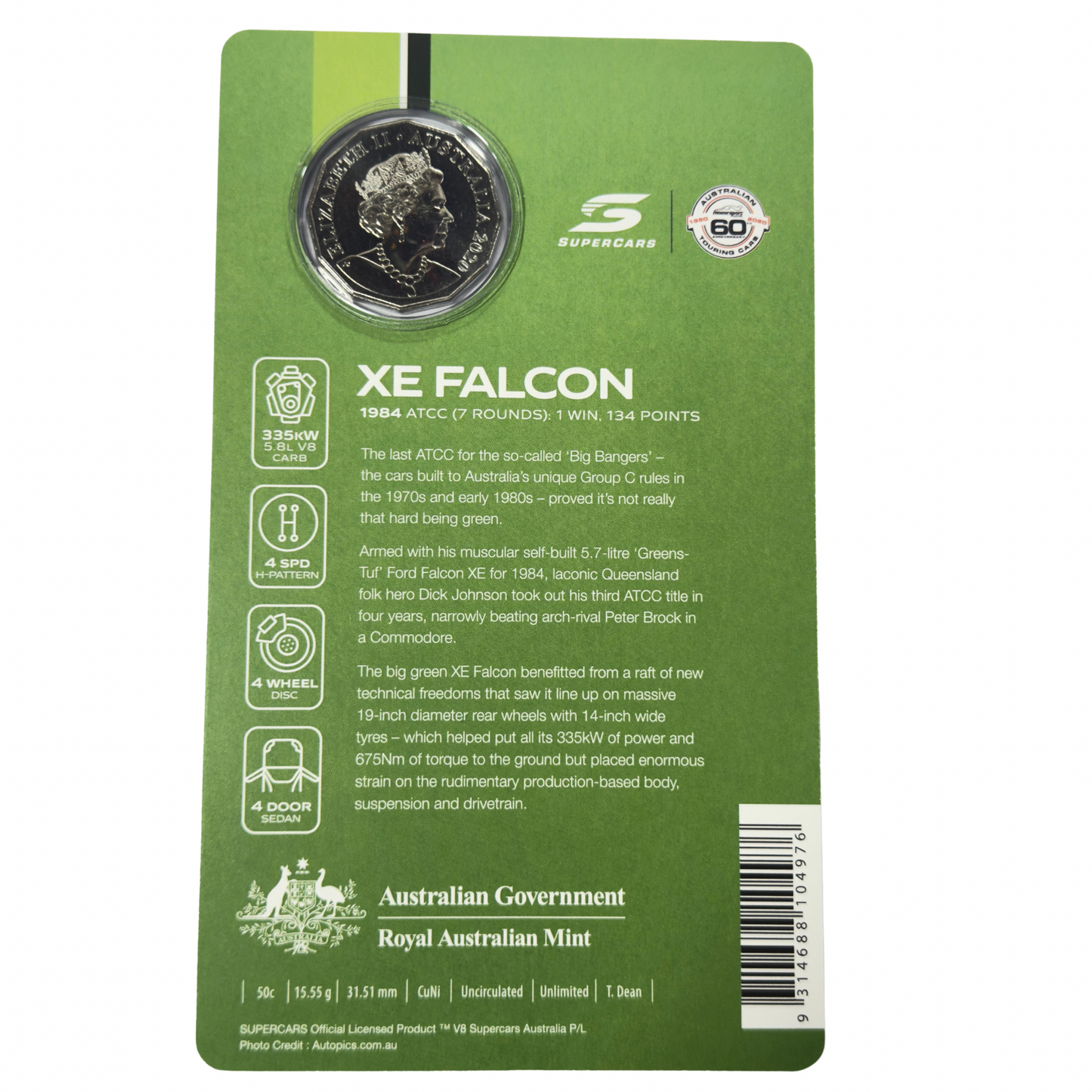 2020 50 Cent Coloured Coin - XE Falcon 'GREENS TUF' - Carded Uncirculated 50c