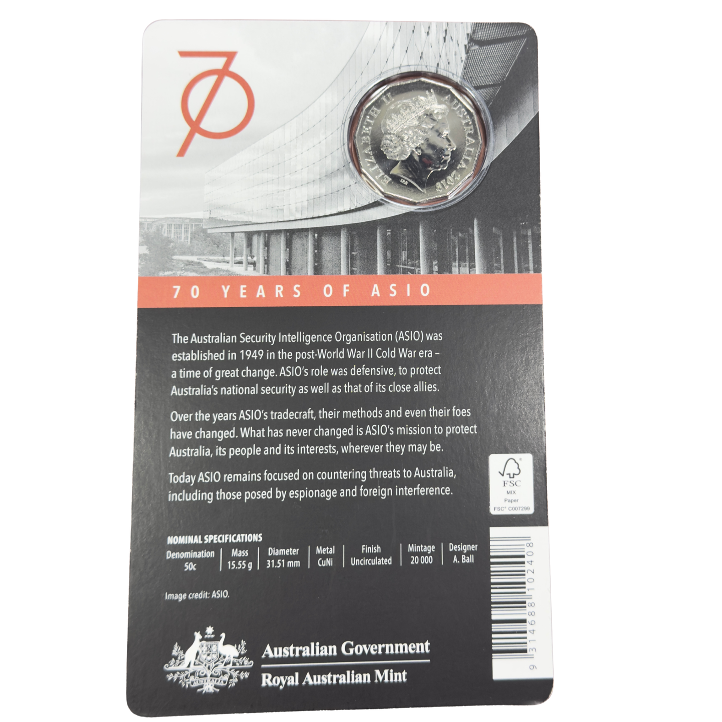 2019 50 Cent - AUSTRALIAN SPIES 👀 & SPOOKS 70 Years of ASIO Carded Uncirculated