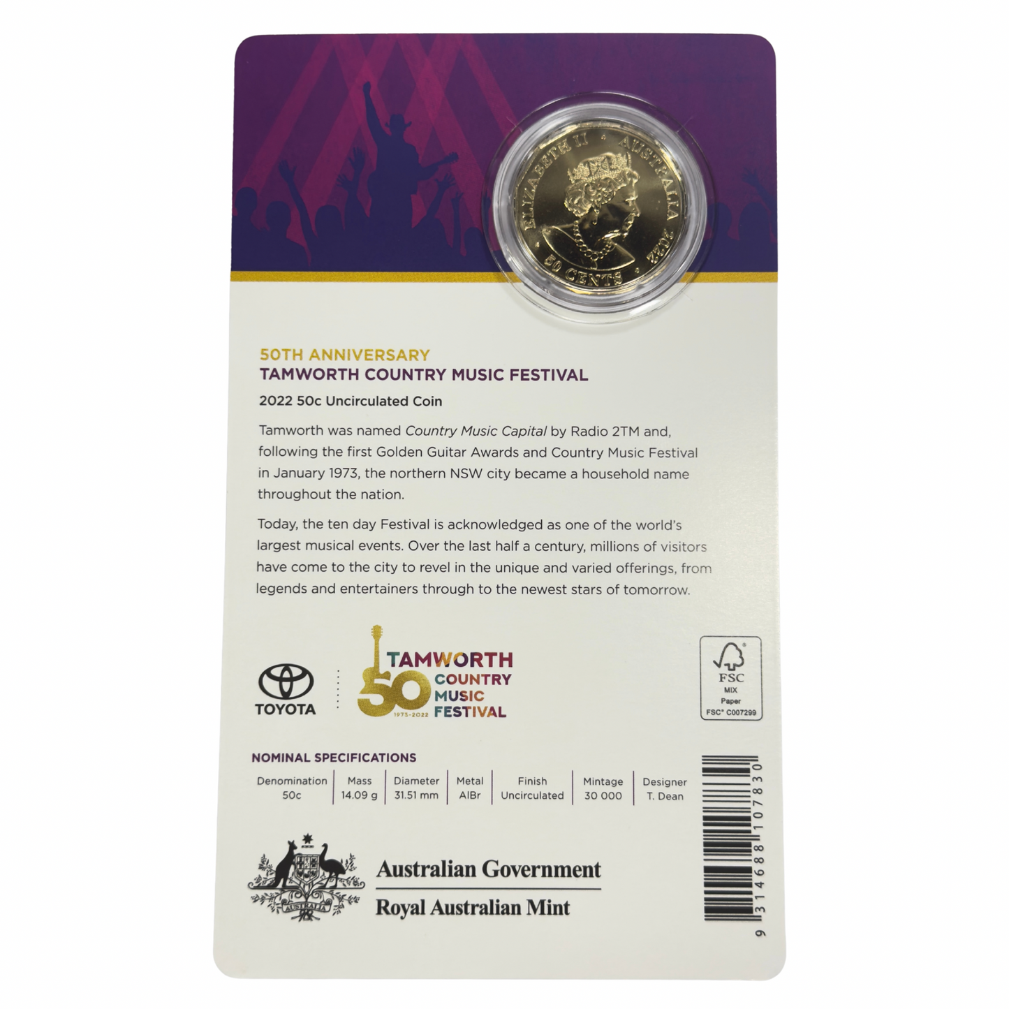 2022 50 Cent Coin - Tamworth Music Festival AL-BR Coin - Carded Uncirculated