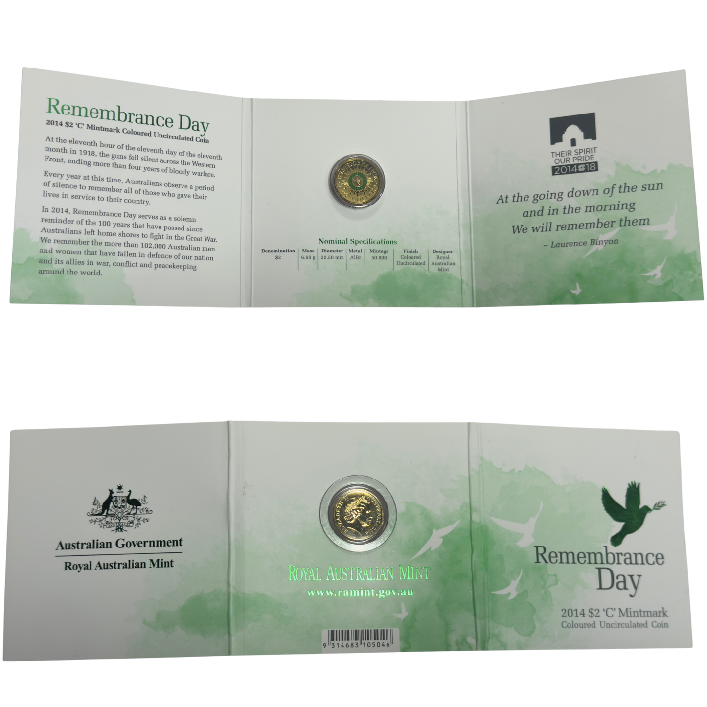 2014 $2 C-Mint Green Dove - $2 Remembrance Day Dove - Uncirculated