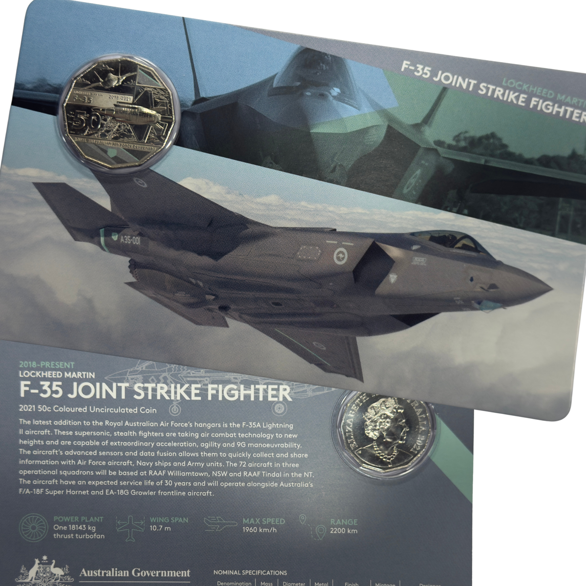 2021 50 Cent Coloured Coin - F-35 Joint Strike Fighter - Uncirculated