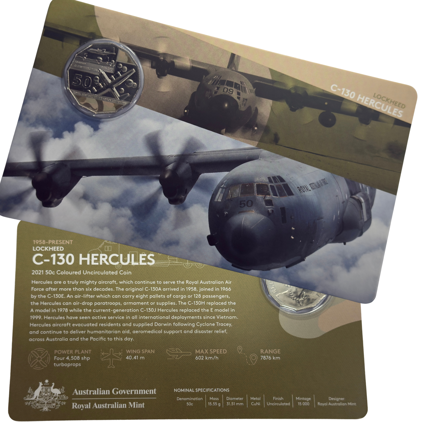2021 50 Cent Coloured Coin - LOCKHEED  C-130 HERCULES  - Uncirculated