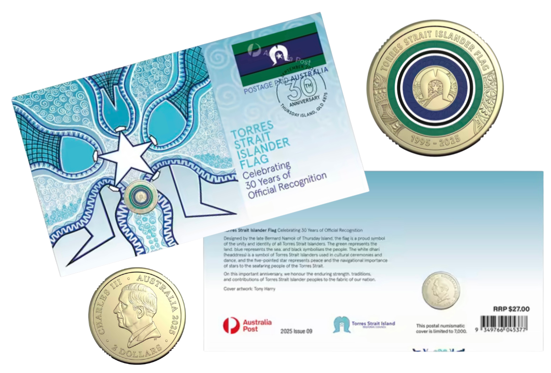 .2025 Torres Strait Islander Flag $2 coloured coin postal numismatic cover commemorating 30 years official recognition, featuring tribal artwork by Tony Harry
