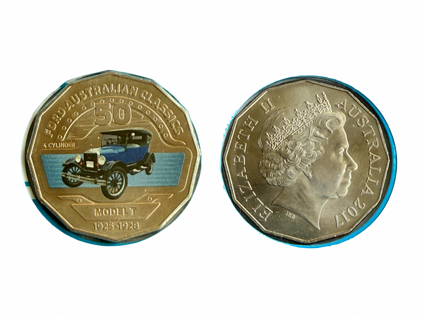 Close-up of 2017 Ford Model T commemorative coin featuring vintage automobile design
