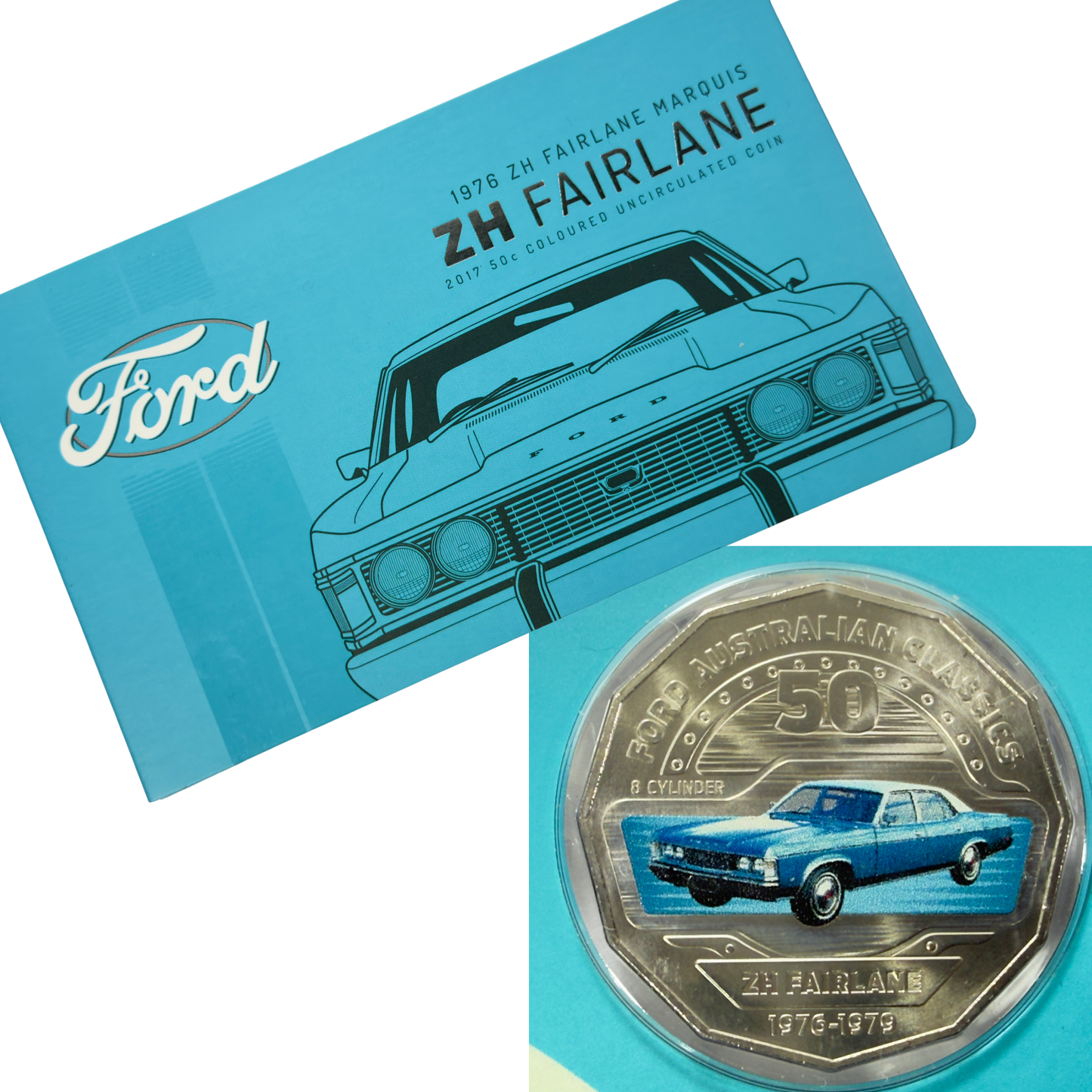 2017 50 Cent Coloured Coin - FORD ZH FAIRLANE - Uncirculated on card