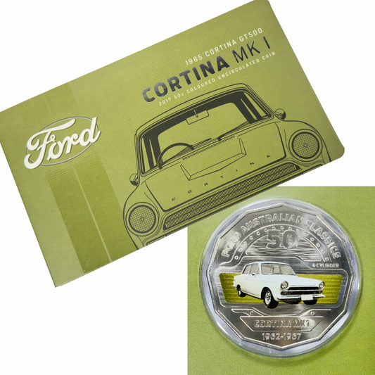 2017 50 Cent Coloured Coin - FORD CORTINA MK1 - Uncirculated on card
