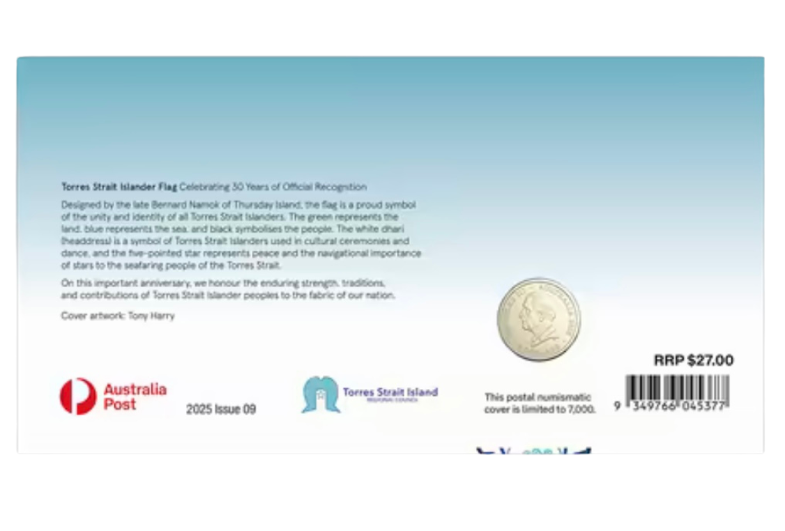Reverse side of 2025 Torres Strait Islander Flag PNC with cultural significance details and limited edition information
