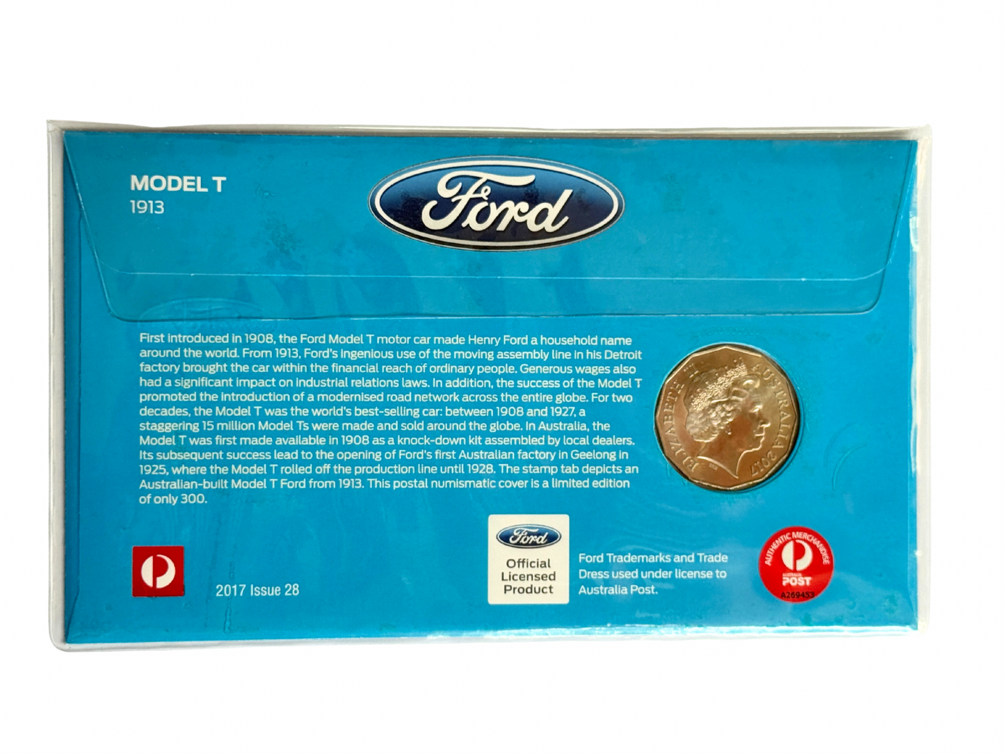 Reverse side of 2017 Ford Model T PNC with vintage automobile history and limited edition details
