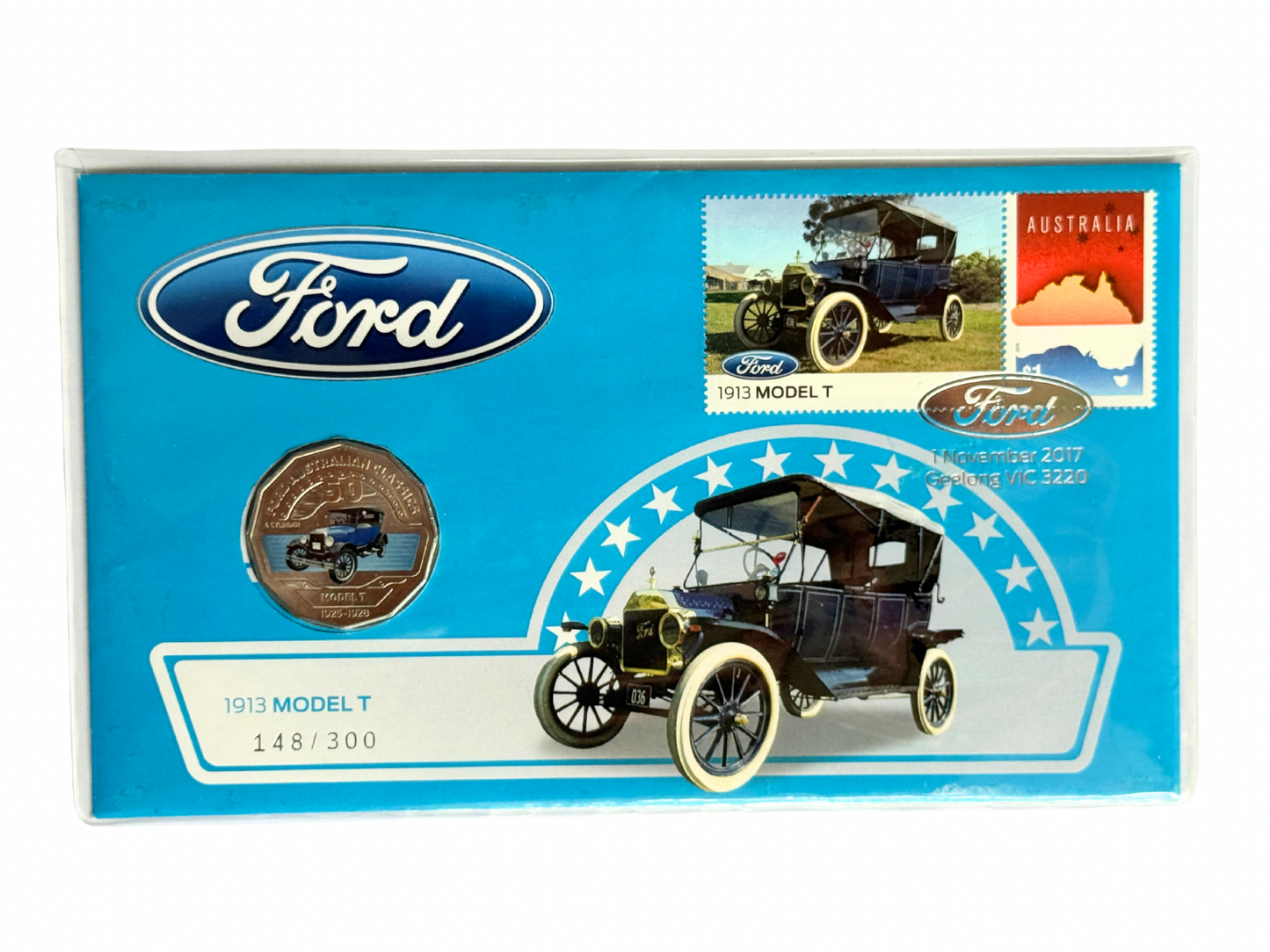 Front view of 2017 Ford Model T Impressions PNC showing classic car imagery and commemorative coin

