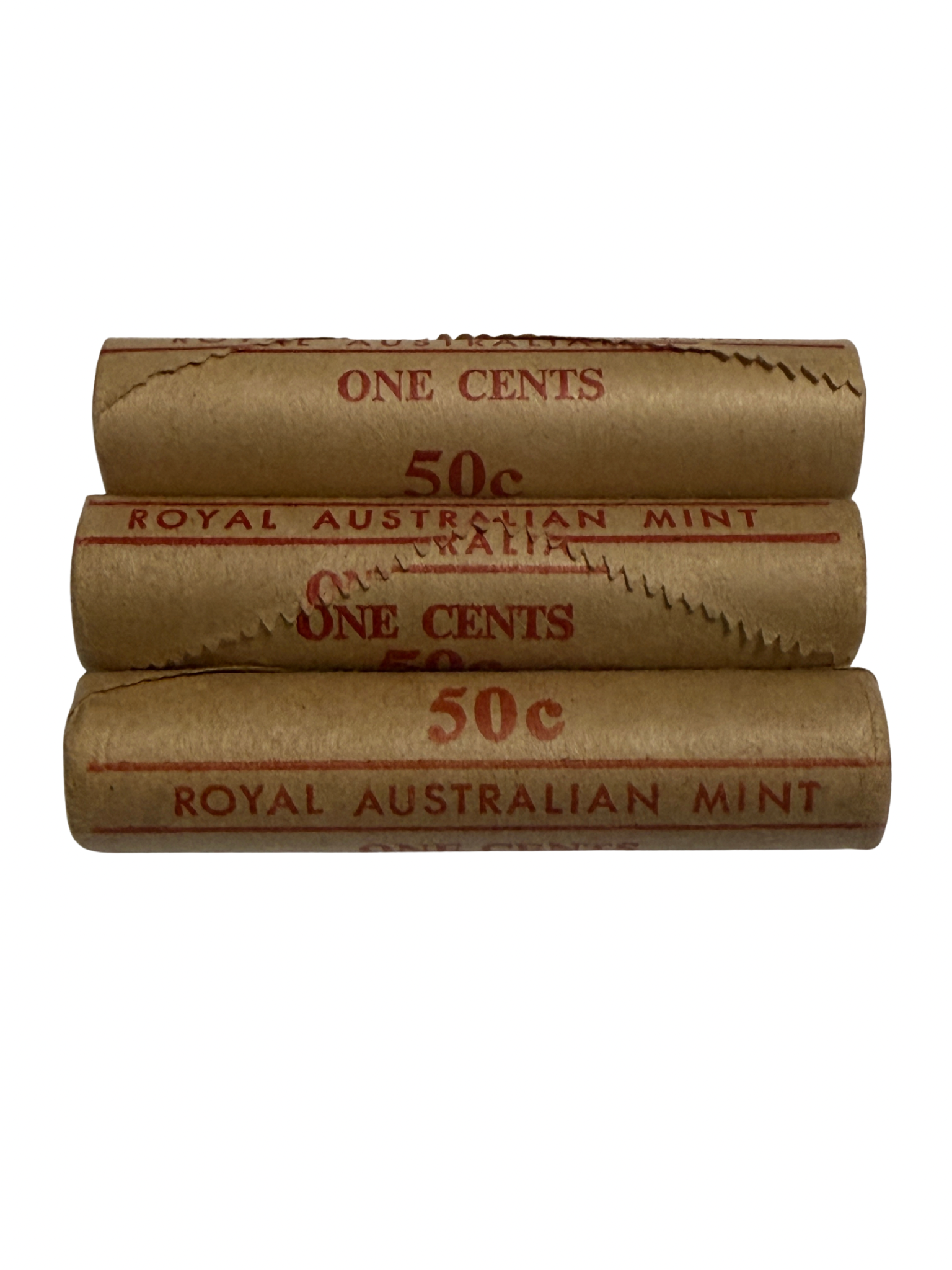 Three rolls of Royal Australian Mint one cent coins on a white background