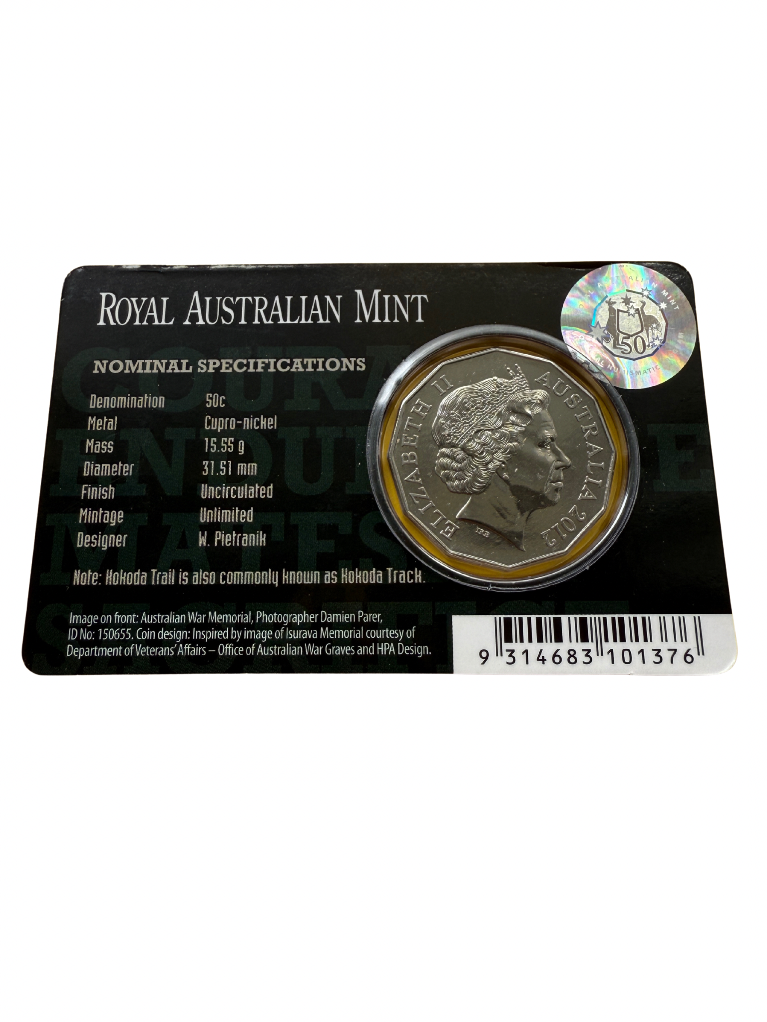 2012 50 Cent - 70th Anniversary Of Kokoda Trail - Carded Coin - New Age Numismatics