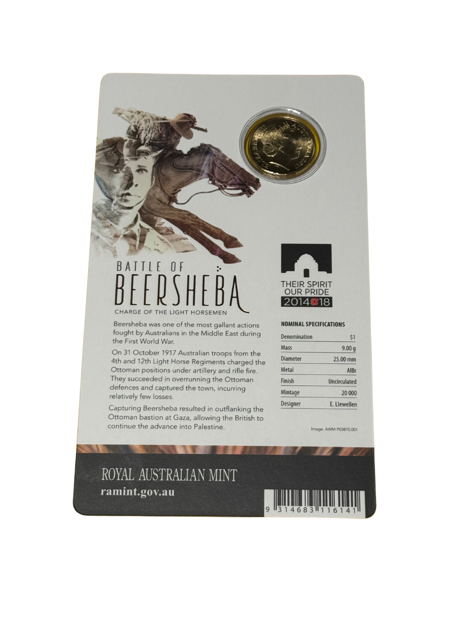 2017 $1 Battle of Beersheba - Charge of the Light Horsemen - Carded Coin - New Age Numismatics