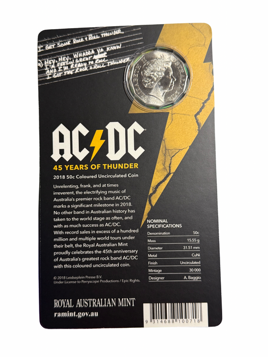 2018 50 Cent Coin - AC/DC 45 Years of Thunder - Coloured Carded Uncirculated - - New Age Numismatics