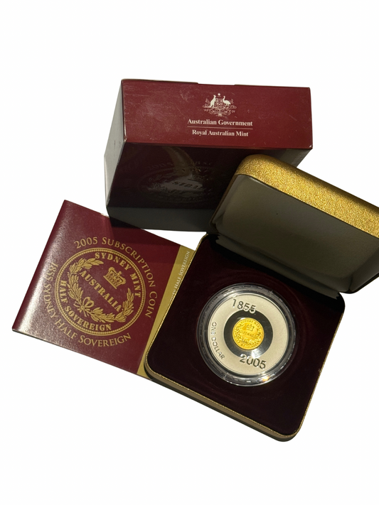 2005 $1 Sydney Mint Subscription Coin - 1855 Half Sovereign Gold Plated 60.50g Silver Proof - New Age Numismatics