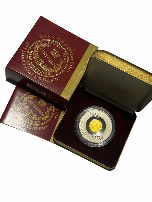 2005 $1 Sydney Mint Subscription Coin - 1855 Half Sovereign Gold Plated 60.50g Silver Proof - New Age Numismatics