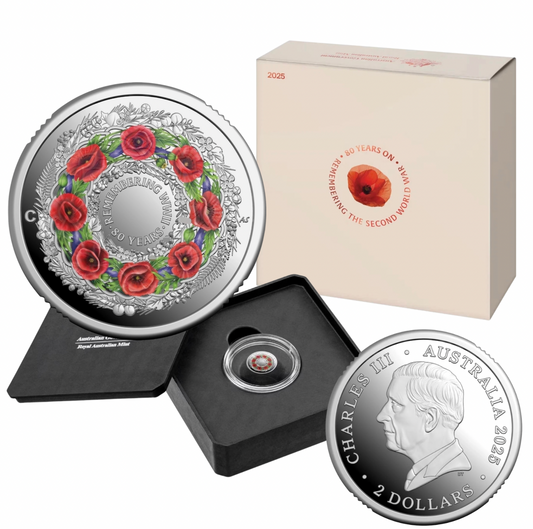 2025 'C' Mintmark Coloured Fine Silver Proof Coin $2 Poppy Wreath