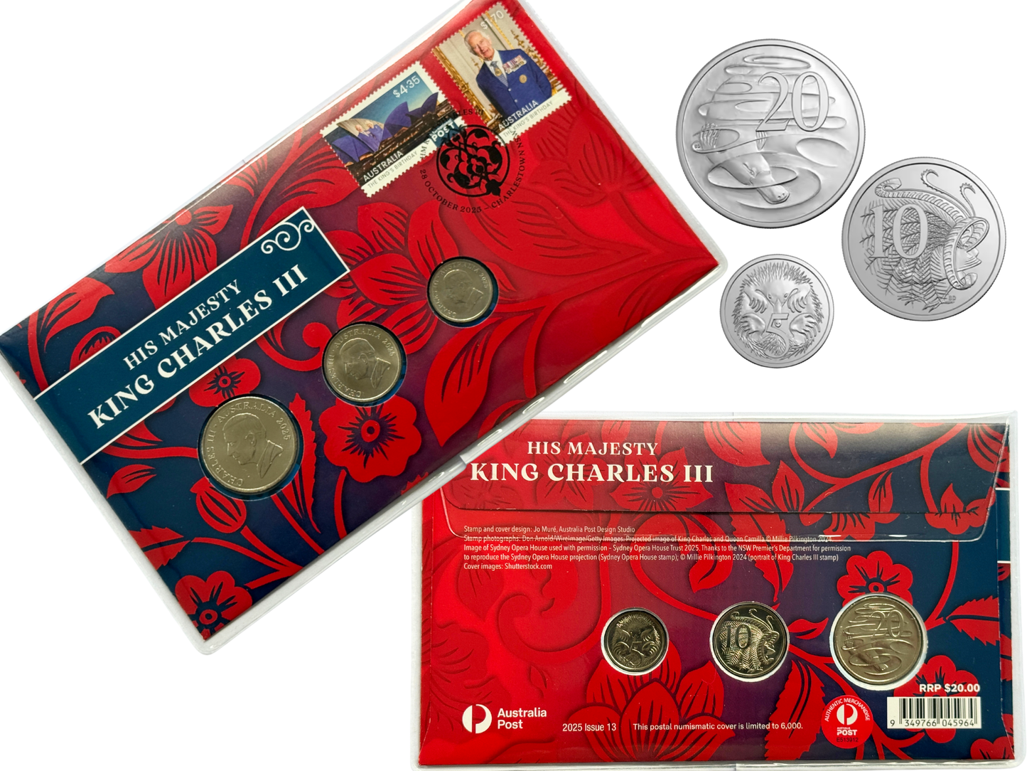 Australia Post 2025 King Charles III postal numismatic cover featuring commemorative stamps and three Australian coins