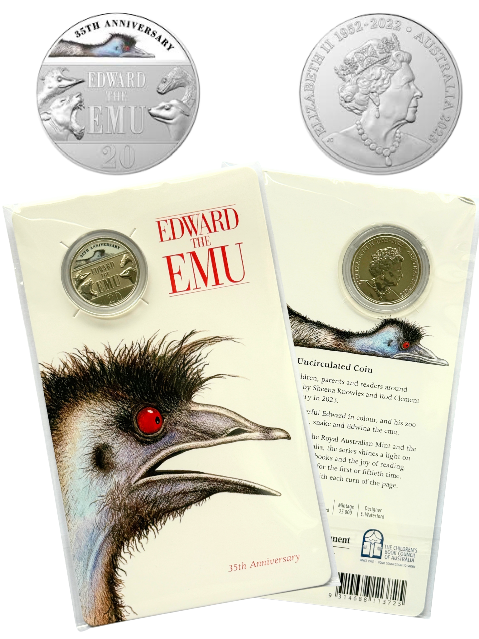 2023 Australian 20-cent coloured uncirculated coin celebrating the 35th anniversary of Edward the Emu, showing the coin obverse and reverse with the Queen Elizabeth II effigy, plus the packaged presentation card featuring a large illustrated emu head and the title Edward the Emu.