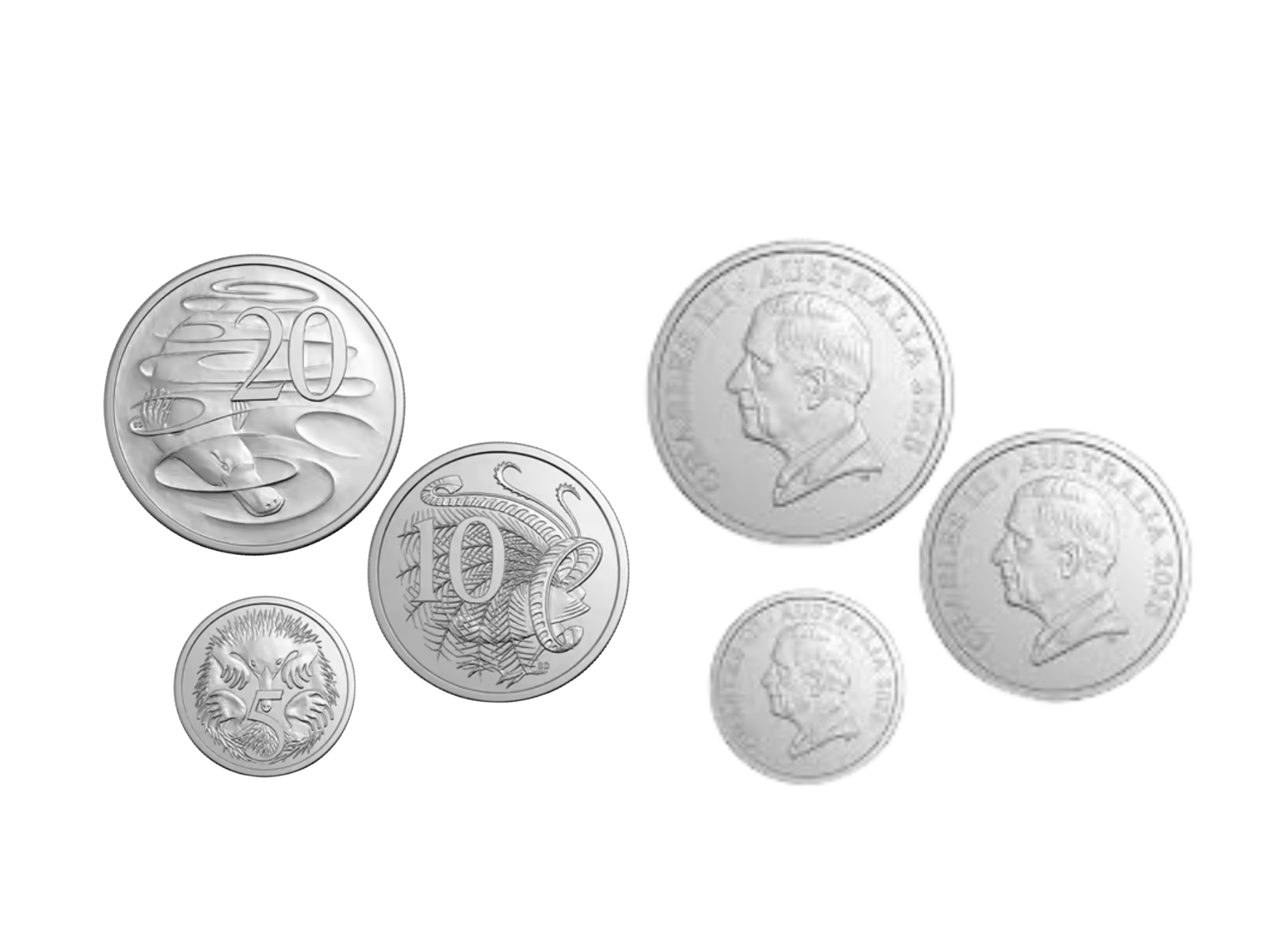 Australian 5 cent, 10 cent and 20 cent coins with King Charles III obverse and native animal reverse designs from Australia Post numismatic cover